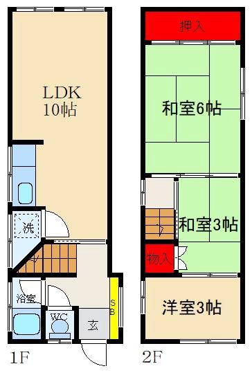 田井町の完工年月(1968年11月)築の賃貸一戸建ての間取り