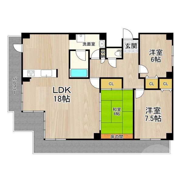 天王の完工年月(1990年1月)築の賃貸マンションの間取り