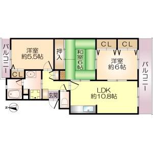 丑寅の完工年月(1995年3月)築の賃貸マンションの間取り