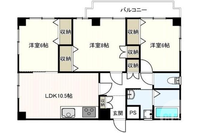 上野芝向ヶ丘町の完工年月(1991年4月)築の賃貸マンションの間取り