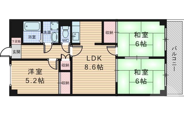 大道南の完工年月(1990年5月)築の賃貸マンションの間取り
