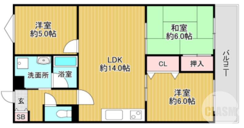 丈六の完工年月(1997年4月)築の賃貸マンションの間取り