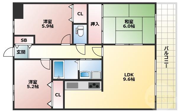 野田町の完工年月(1987年10月)築の賃貸マンションの間取り