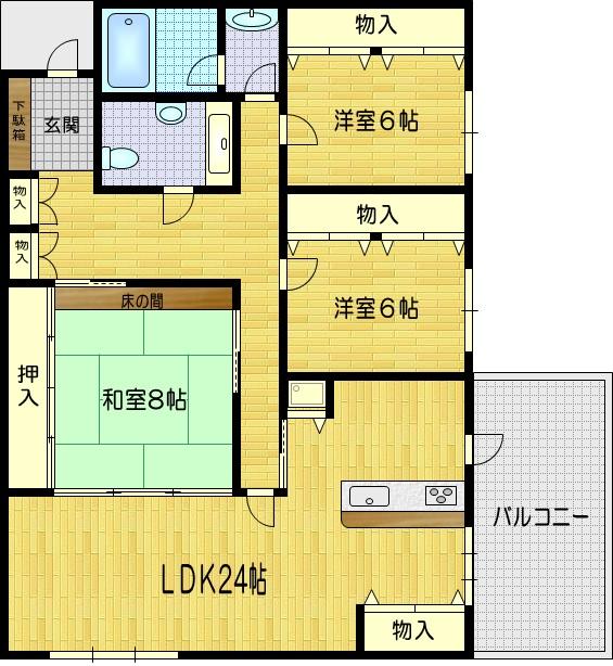 鶴山町の完工年月(1990年12月)築の賃貸マンションの間取り