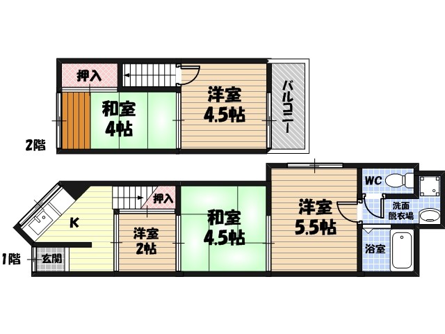 東今里の完工年月(1950年5月)築の賃貸一戸建ての間取り