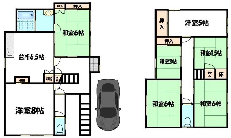 大原野上里北ノ町の完工年月(1970年11月)築の賃貸一戸建ての間取り